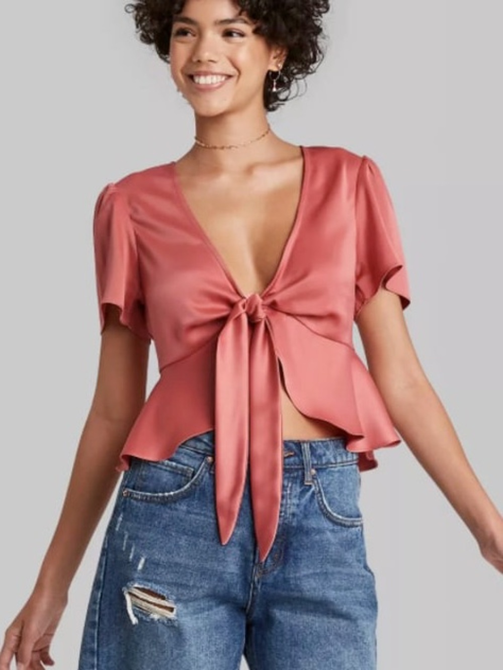 Wild Fable Satin Tie Front Crop Top Size Medium